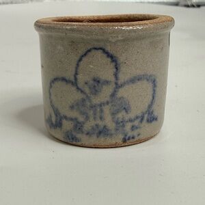 stoneware crock handmade miniature by artisan Jane Graber, blue salt glaze sheep